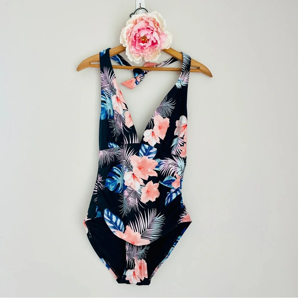 DKNY Black One-Piece Swimsuit Black Vibrant Tropical Floral Accents Large